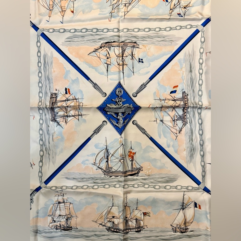 HERMES Never Worn Vintage “The Wooden Marine” Pink Carre 90 Silk Twill Scarf - Picture 12 of 16